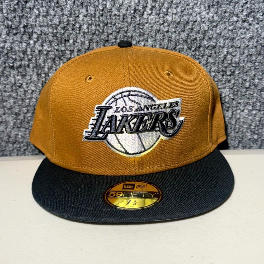 New Era Los Angeles Lakers 59FIFTY Hat Gold Embroidered Logo Fitted Cap Sz 7 3/8